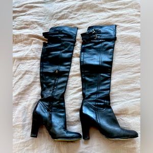 SAM EDELMAN Black Over-the-knee Boots, Sz. 7.5, oiled leather, harness detail